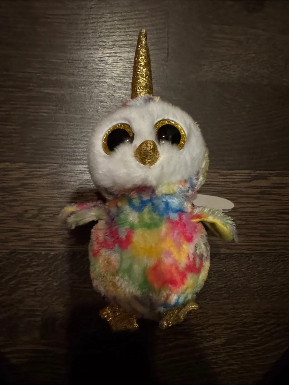 Ty Rainbow Plush Unicorn Owl with Gold Horn and Accents